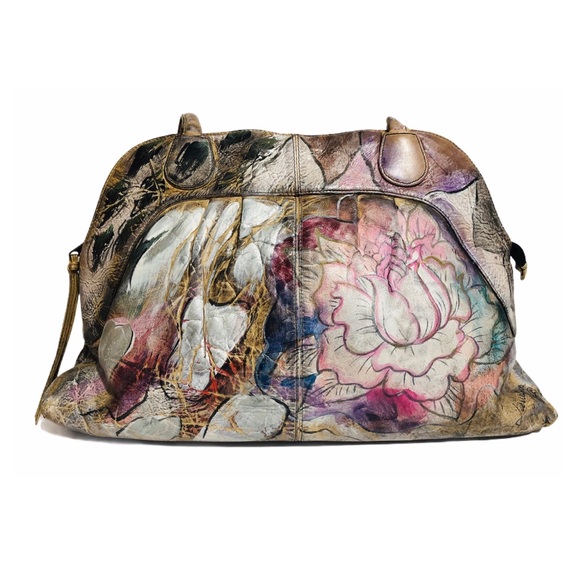Vntg 80s Leather Hand-painted Metallic Shoulderbag